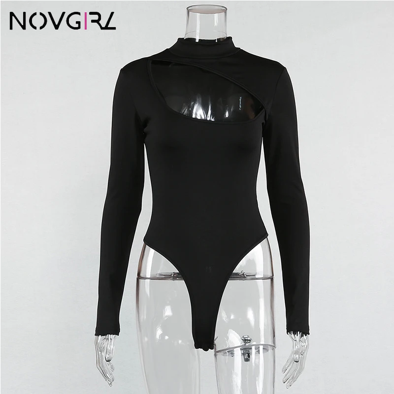 Novgirl/облегающий женский комбинезон с длинным рукавом и высоким воротником, осень, эластичный черный комбинезон, праздничные вечерние комбинезоны - Цвет: Черный