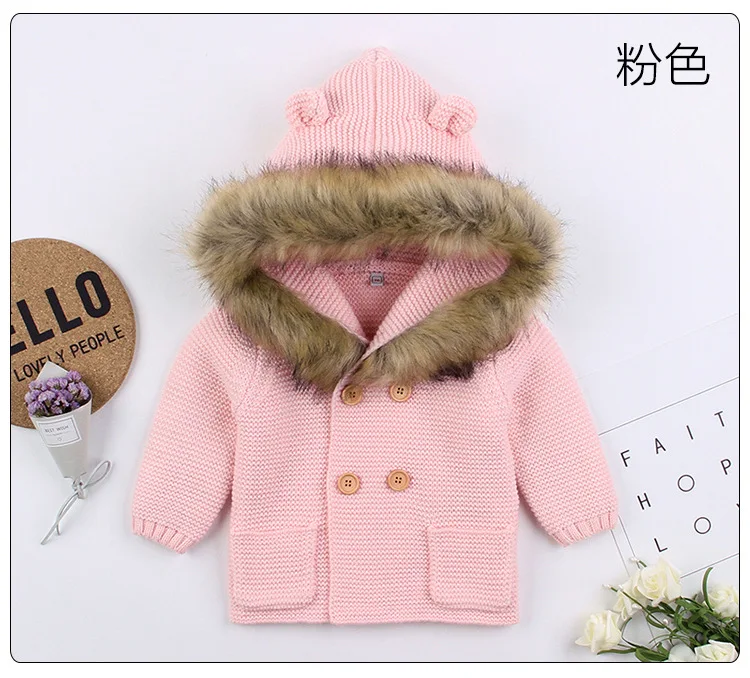 Г. Брендовая одежда свитер для маленьких девочек, пальто Милое трикотажное пальто с капюшоном и меховым воротником для малышей осенне-зимняя теплая одежда для малышей - Цвет: Розовый