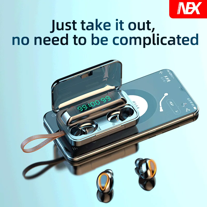 Mini TWS Bluetooth 5.0 Earphones 9D stereo sports waterproof smart touch headset with microphone noise reduction.