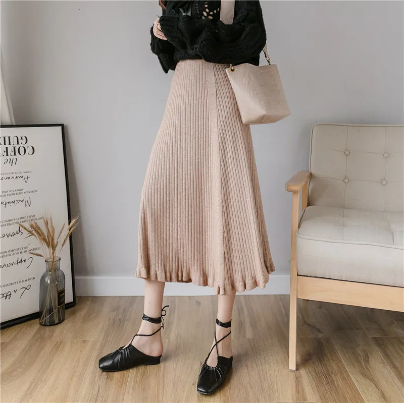 Осень зима женская вязаная миди плиссированная юбка эластичная высокая талия Толстая теплая Женская однотонная черная юбка Faldas