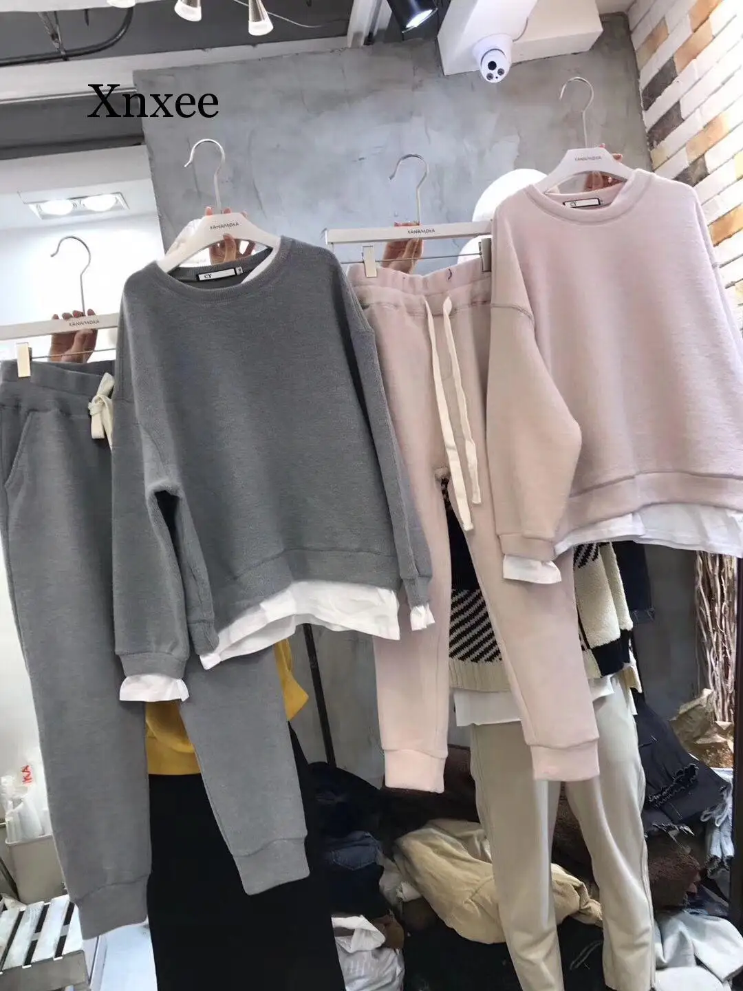 

Autumn Winter Korean Sets Contrast Color Long Sleeve Pullover Sweatshirt + Lace Up Waist Harem Pants Suits