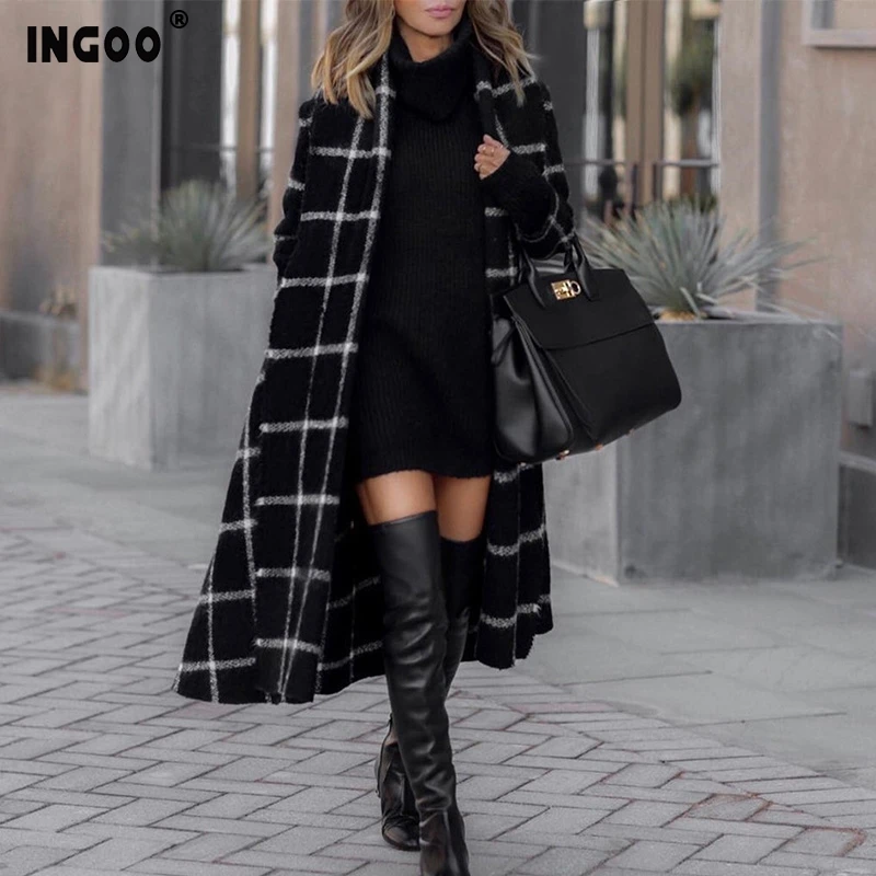 

INGOO autumn winter black white plaid wool coat women with belt long sleeve button wide waist loose long coats office lady