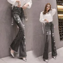 Весна лето женские джинсы 3D вышивка цветок жемчуг бисер джинсовые брюки женские с высокой талией черные брюки обтягивающие расклешенные брюки