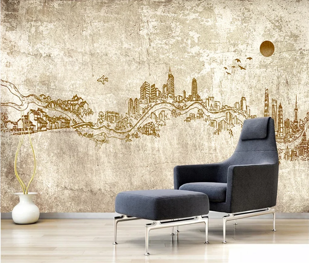 

Custom 3d wallpaper mural Nordic minimalist abstract ink art city building background wall