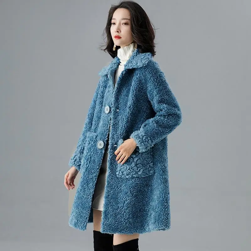 blue Женское пальто осень-зима, настоящая зернистая овечья стрижка, Женское пальто с длинным рукавом и карманом, Повседневная теплая верхняя одежда из натурального меха ягненка N290 - Цвет: blue