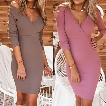 

2019 Sexy Dress Women Party Night Low Cut Solid Color Long Sleeve Knitting Women Bodycon Dress Sexy Warp Dress