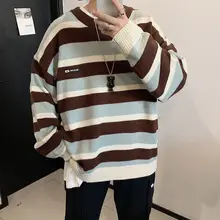 Свитер для мальчиков, INS, Осенний корейский стиль, свободный крой, лень, в полоску, крутой свитер, тренд, пуловер в гонконгском стиле