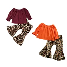 Новинка; одежда с леопардовым принтом для маленьких девочек; хлопковые топы для маленьких детей; футболка; расклешенные штаны; одежда с расклешенным низом для детей 2-6 лет