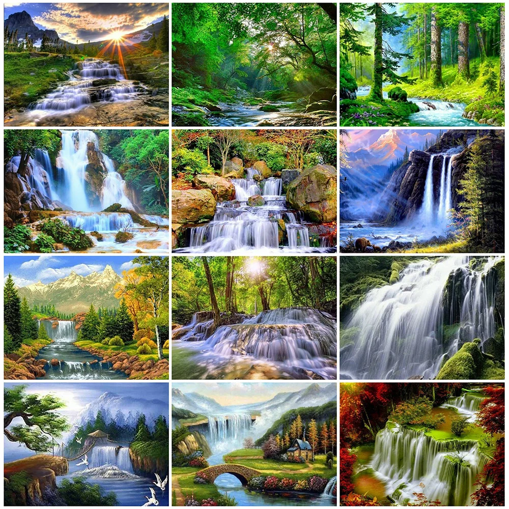 HUACAN 5D Diamond Painting Cross Stitch Waterfall Full Square Embroidery Natural Scenery Home Decor | Дом и сад