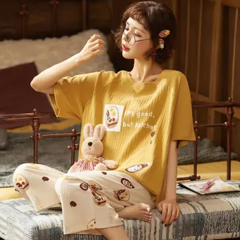 

Cotton Female Sleepwear Cute Cartoon Printed Women's Pajamas Sets Comfortable T-shirt Homewear Nightwear Summer 2020
