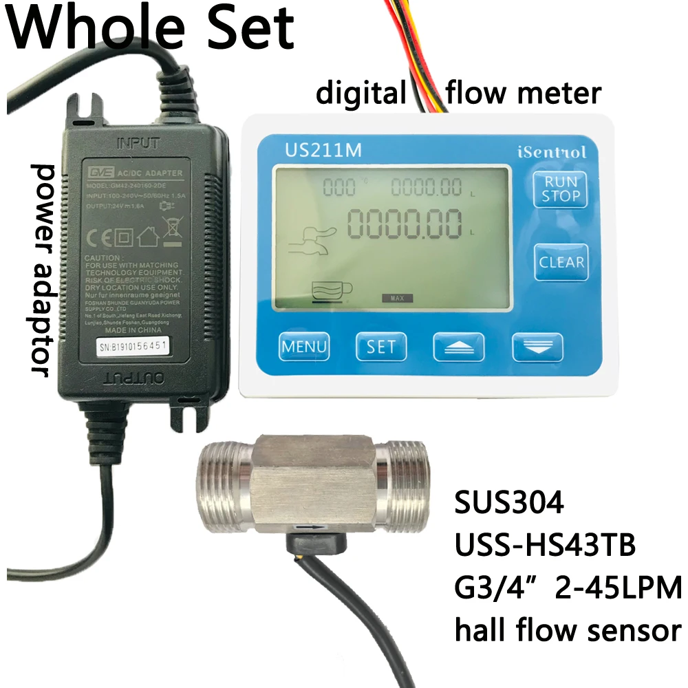 

US211M Digital Flow Meter Totalizer with SUS304 Flow Sensor USS-HS43TB G3/4" Hall Flow Sensor 2-45LPM iSentrol Saier Sesnor