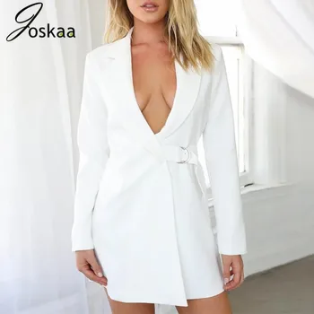 

Joskaa Long Blazer Women Office Lady Outwear Tops White Blazer Feminino Solid Elegant Jacket Coat