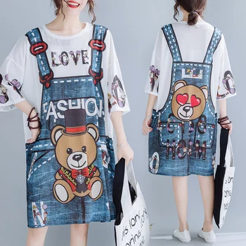

Fat Women Oversized XXL Cartoon Animal Printed T Shirt Dress Women Plus Size Short Sleeve Mini Summer Loose Causal Dresses