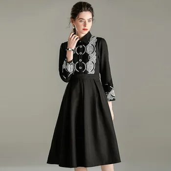 

Spring Dress Women 2020 New Fashion Turndown collar Lace Patchwork Single Breasted A Line Dress Female S-XL