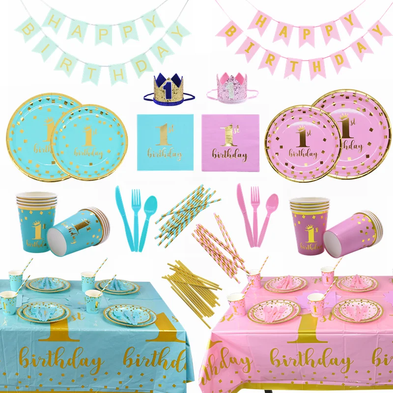 Baby 1st Birthday Party Disposable Tableware Pink Blue Plate Cup Napkin One Year First Birthday Party Table Decor Baby Shower  (1)