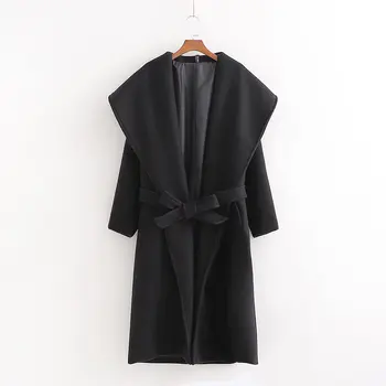 

women winter elegant large lapel woolen coat 2019 fashion girls ladies black solid sash bow slim female casual warm long outwear