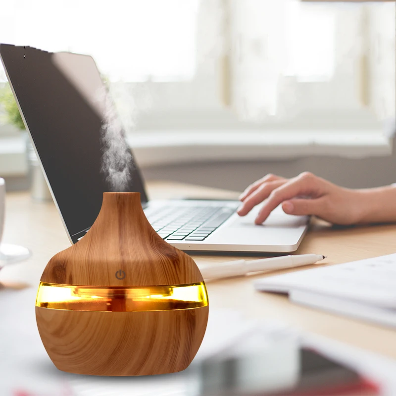 saengQ Electric Humidifier Essential Aroma Oil Diffuser Ultrasonic Wood Grain Air Humidifier USB Mini Mist Maker LED Light For