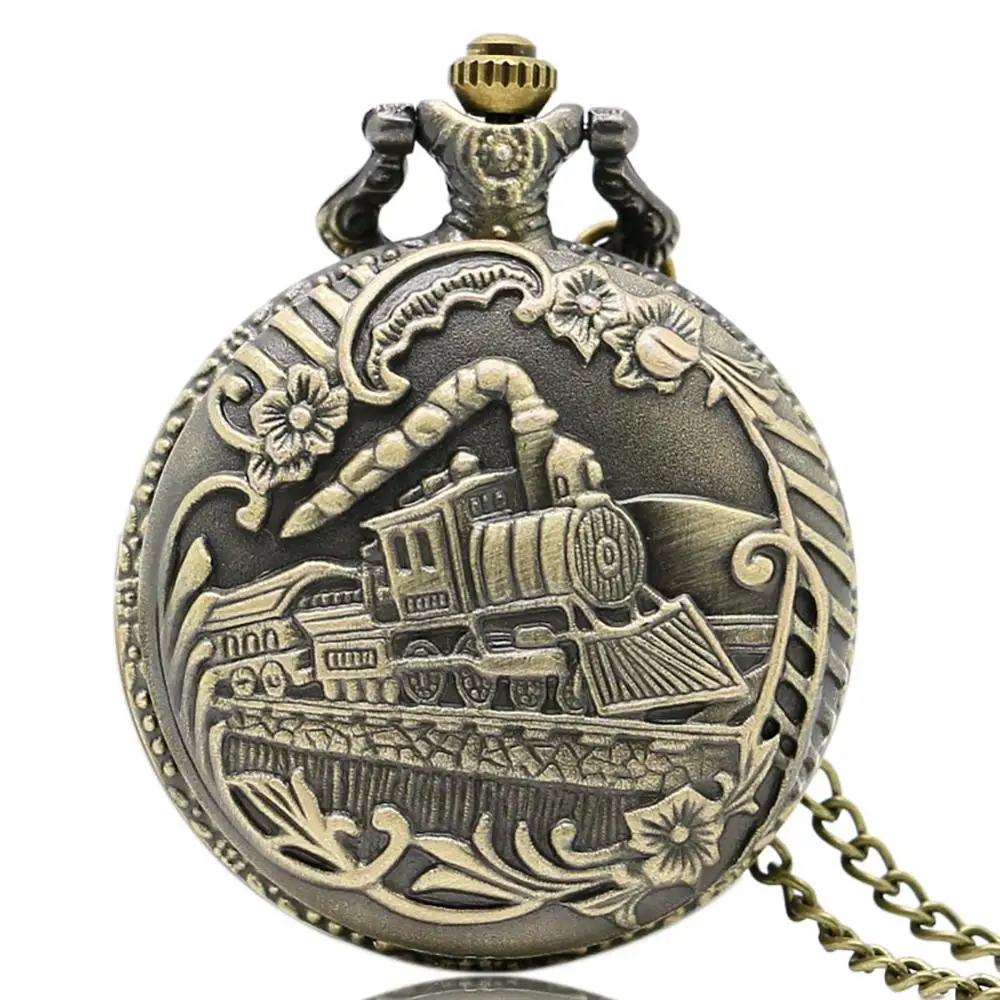 Antique Retro Locomotive Train Pattern Quartz Pocket Watch Bronze Steampunk Necklace Pendant Chain Art Collectible Unisex Gifts - Цвет: 1