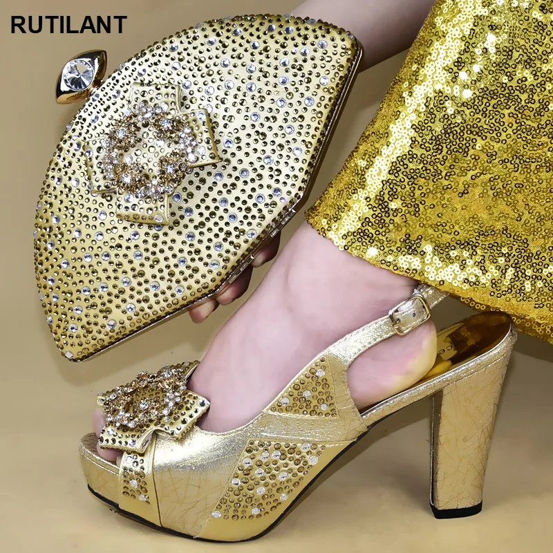

New Arriival Italian Ladies Shoes and Bags To Match Set Decorated with Rhinestone African Wedding Shoes with Bag Set Party Shoes