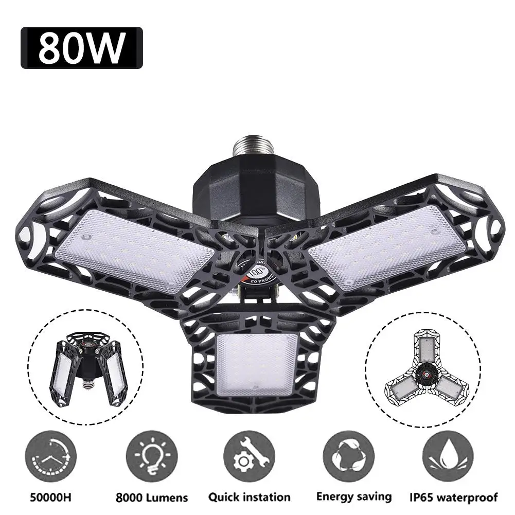 

Ultra-thin LED Garage Light 80w Foldable Deformable Industrial Lamp Super Bright Ceiling Lamp E27 High Bay Light 85-265V 8000LM