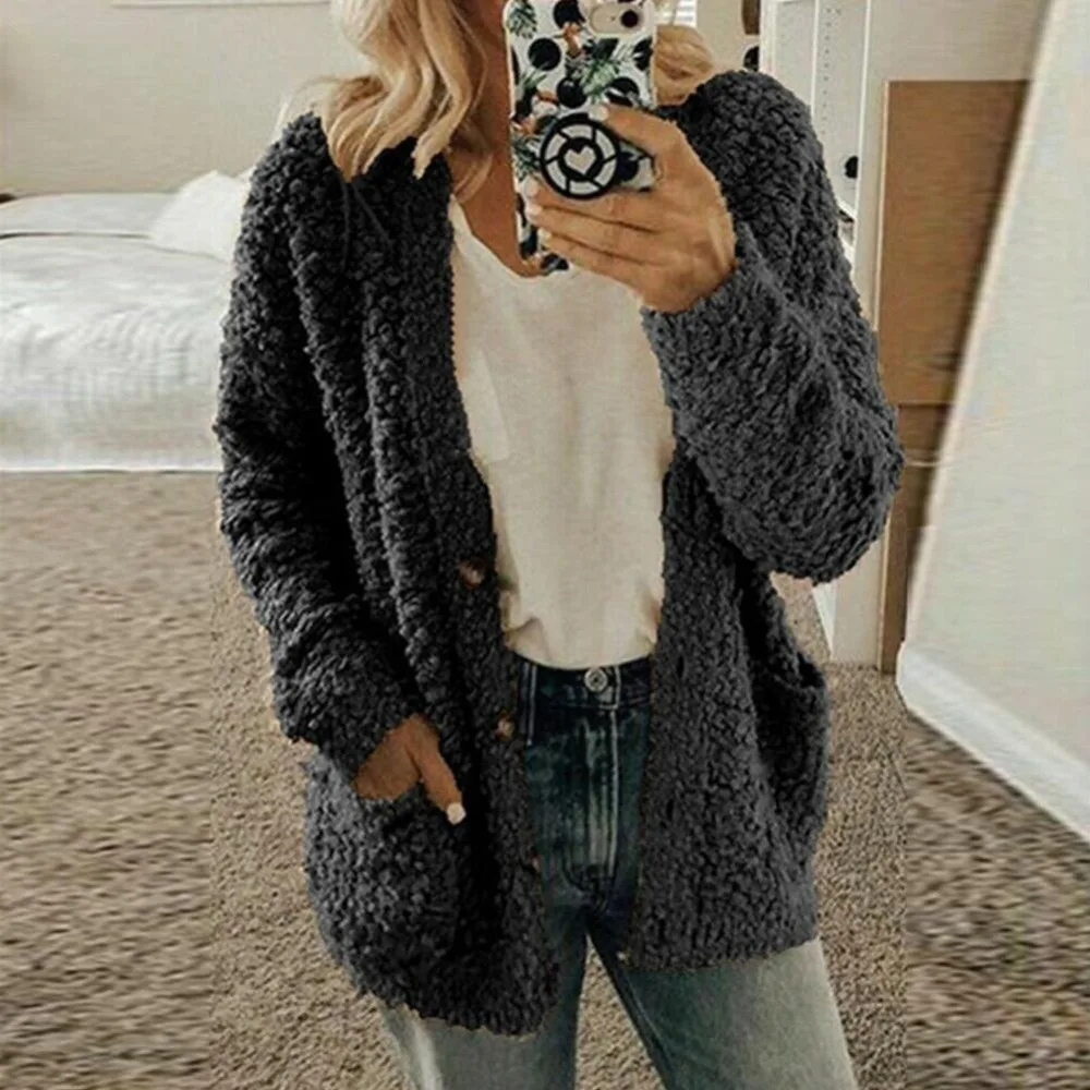 Women Autumn Winter Sweaters Tops Coat Fashion Women Casual Long Sleeve Button Solid Pocket Cardigan Tops Blouse Coat