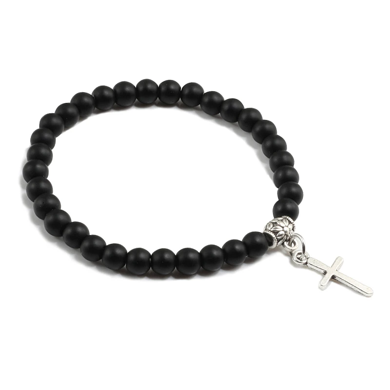 

6mm Black Matte Stone Beads Metal Cross Pendant Bracelets For Women Men Fashion Lucky Jewelry Jesus Charm Yoga Bracelet Man Gift