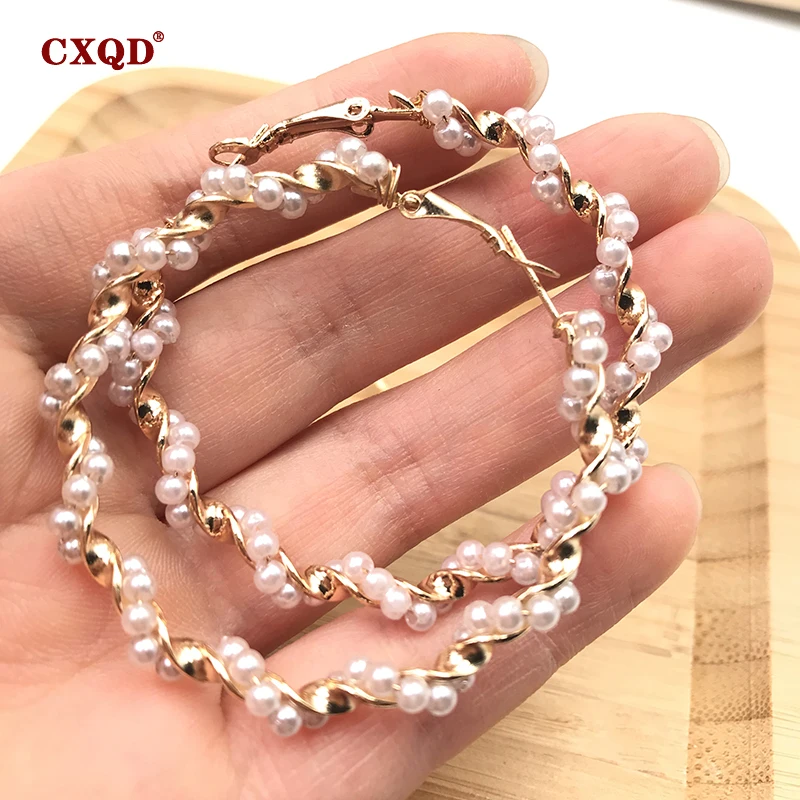 Женские круглые серьги CXQD большие с имитацией жемчуга и золотистого цветка