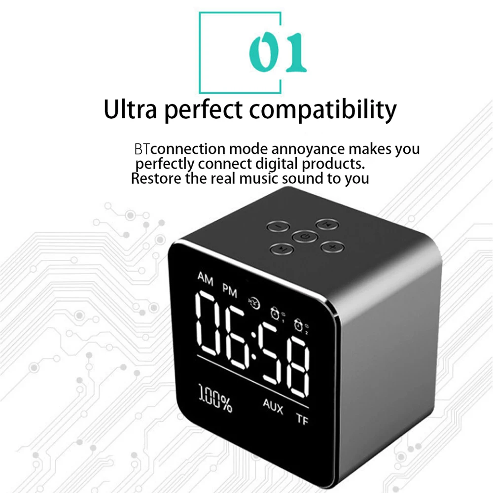 

Hot Digital Alarm Clock LED Desktop Table Alarm Clock Portable BT Wireless Mini Subwoofer Speaker with Mirror Function 18650 Bat