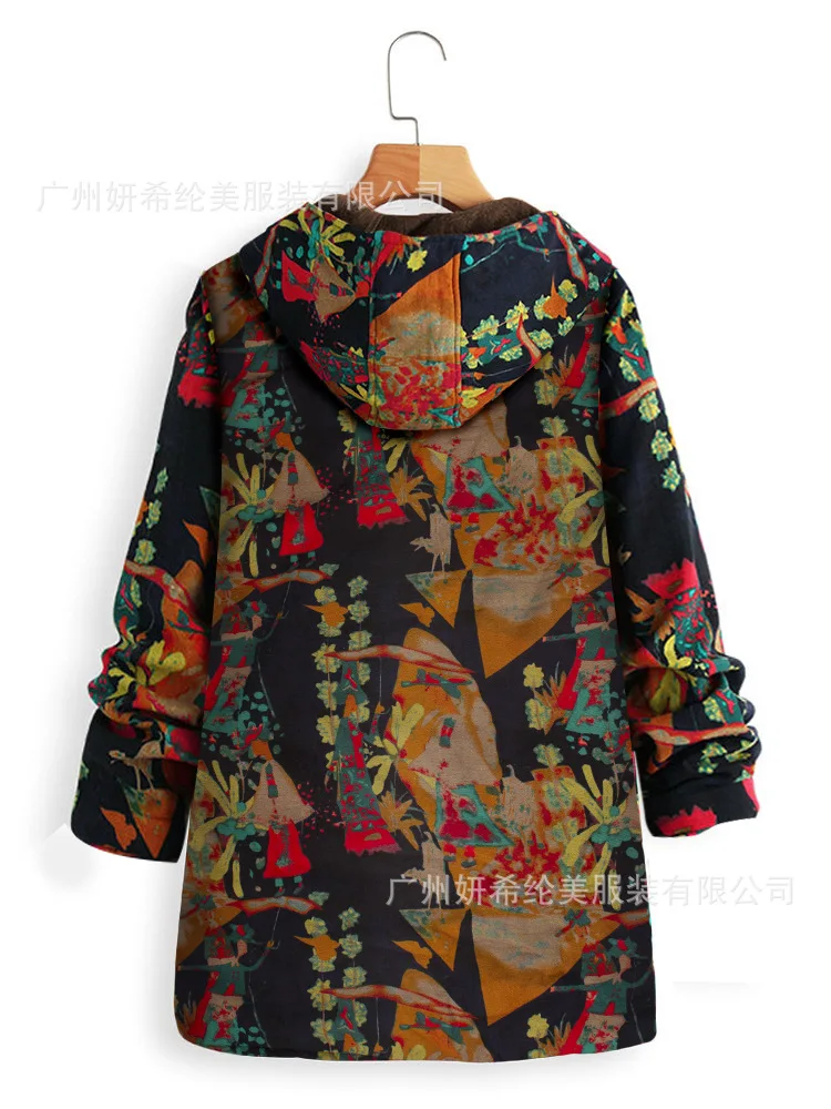 

2019 Autumn And Winter New Style Ethnic-Style Printing plus Velvet Mid-length WOMEN'S Coat Hooded Zipper Warm Overcoat