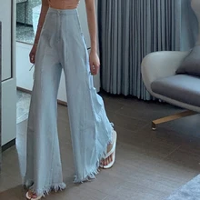 Ulzzang джинсы женские свободные расклешенные брюки Лето новые винтажные модные корейские Высокая уличная Высокая талия широкие брюки с кисточками