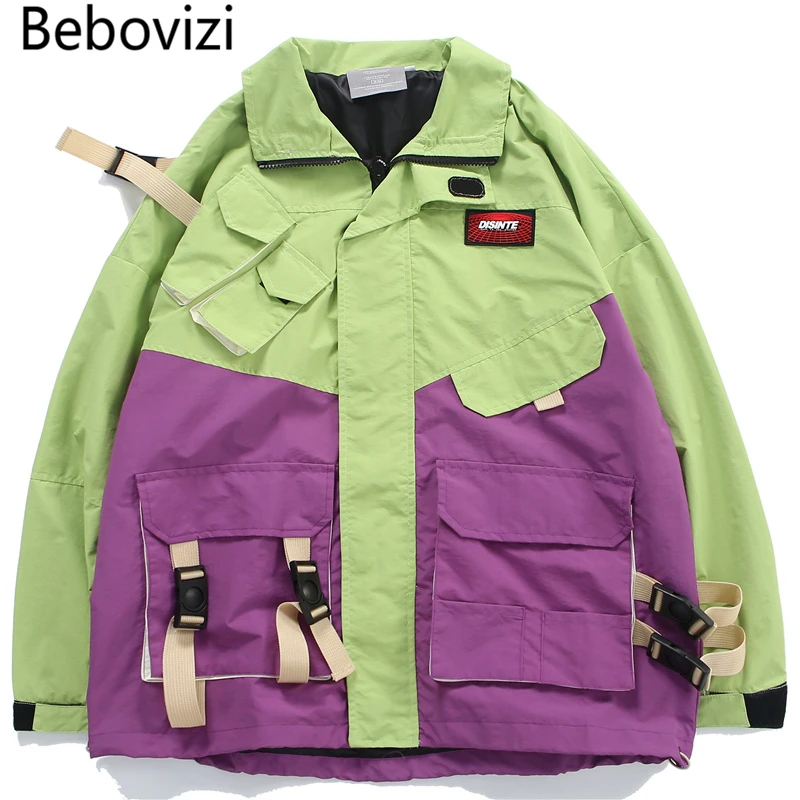 Bebovisi зеленый фиолетовый Лоскутные ленты Мульти Карманы ветровка куртки Уличная верхняя одежда хип-хоп на молнии Спортивная куртка пальто