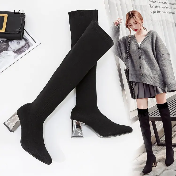 

LZJ 2019 New Winter Fashion Over The Knee Boots Women Stretch Fabric Women Thigh High Sexy Woman Shoes Long Bota Feminina