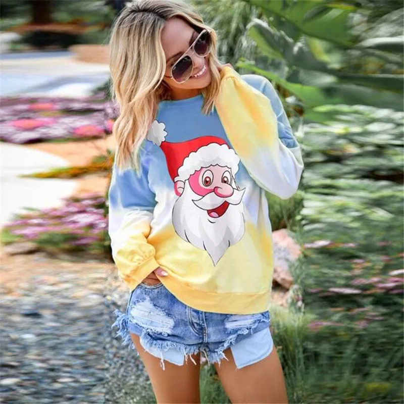 

Christmas Womens Casual Print Tops Santa Claus Round Neck T-shirt Long Sleeve plus size Sweatshirt