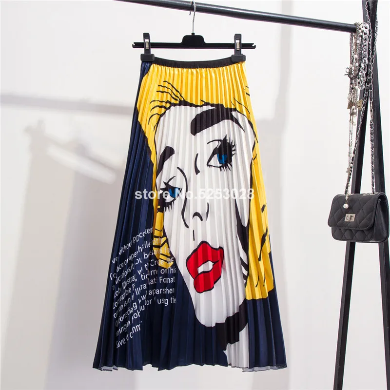 Весна Лето Юбки Женские s Эластичная Высокая талия Печать плиссированная юбка новая высокая уличная мода женские до середины икры линия миди юбка