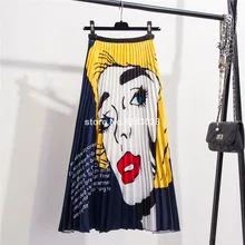 Весна Лето Юбки Женские s Эластичная Высокая талия Печать плиссированная юбка новая высокая уличная мода женские до середины икры линия миди юбка