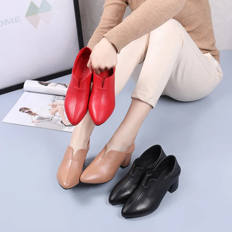 Genuine Leather Thick Heels Deep Mouth Single Shoes Women New Spring And Autumn new Lady's Shoes Cowhide High Heels