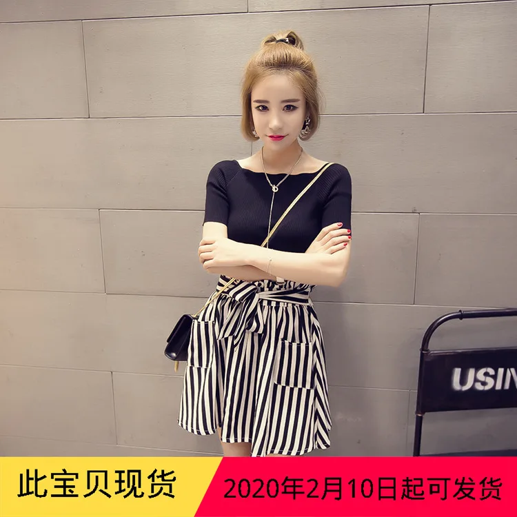 

Summer New Style Korean-style Versatile Slimming High-waisted Lace-up Pocket Vertical Striped Skirt Short Skirt T-shirt Suit