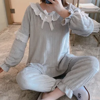 

Sweet Princess Thick Warm Flannel Long Sleeve Pajama Sets for Women Winter Coral Velvet Sleepwear Homewear Pijama Mujer Clothes