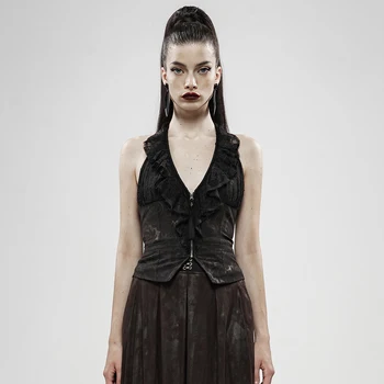 

PUNK RAVE Women's Black Gold Dark Flower Hanging Neck Lace Vest Gothic Lotus Collar Metal Zipper Outwear Waistcoat