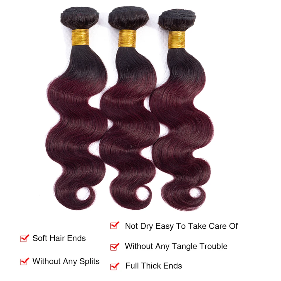 Бразильские волнистые волосы HairUGo пряди с закрытием Ombre 1B/99J бордовые