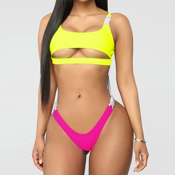 

Hollow out swimsuit female Neon bikini 2019 High cut swimwear women Sexy thong bikini set Push up summer bathers Buckle biquini