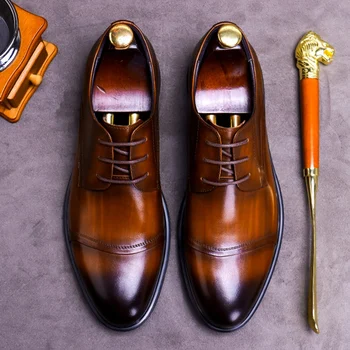 

Vintage Genuine Leather Men's Comfortable Oxfords Round Toe Laces Man Derby Flats Cap Toe Platform Heels Office Shoes FWL229