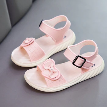 

Girls Sandals Summer Fashion Solid Color Bowtie Love Flat Beach Sandals Kids Girls Casual Big Girl Shoes Pink White STM014