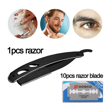 

1PC Men Black Stainless Steel Manual Handle Straight Edge Barber Razor Folding Shaving Knife With 10 Blades Hair Removal Tools