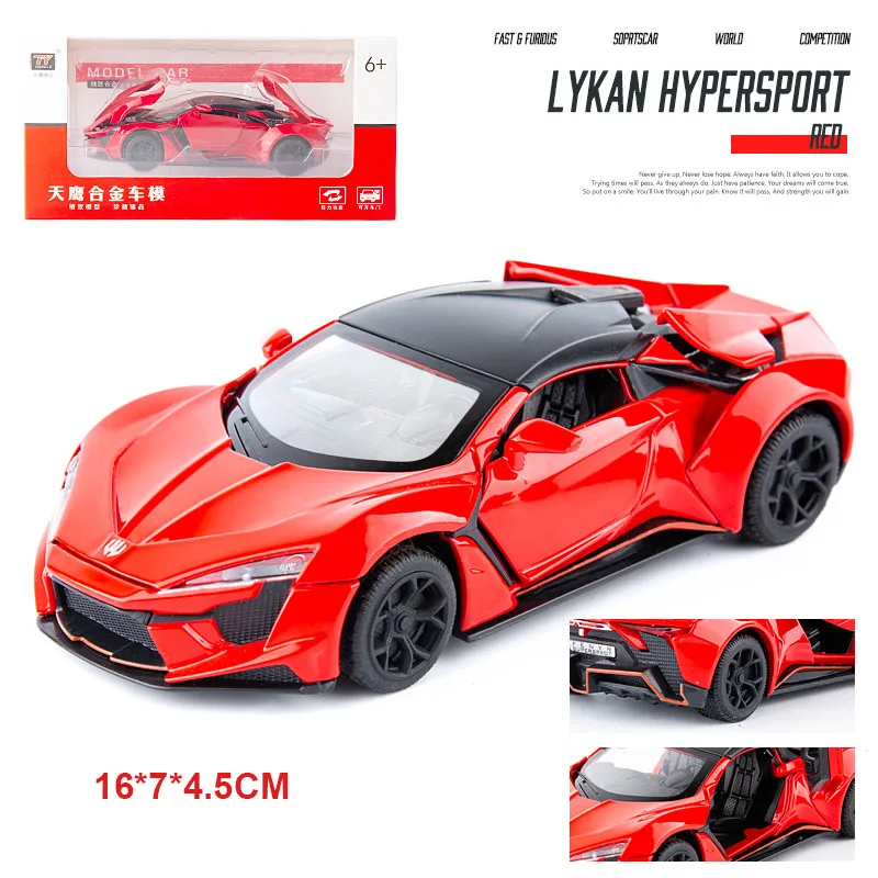 Литой 1:32 Lykan Hypersport Игрушечная модель автомобиля из сплава, игрушечный звуковой светильник, оттягивающая назад Игрушечная модель 6 дверей, могут открываться игрушки для детей - Цвет: Red with box