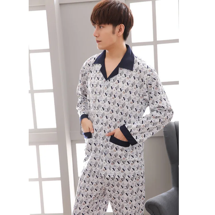 

Spring And Autumn Men Pajamas Long Sleeve Solid Color Cotton Comfortable Young And Middle-aged Men's Season Homewear Set