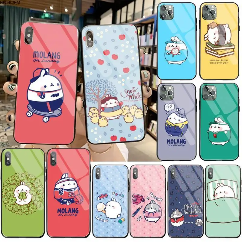 Molang rabbits cartoon Soft Silicone Black Phone Case Tempered Glass For iPhone 11 Pro XR XS MAX 8 X 7 6S 6 Plus SE 2020 case | Мобильные