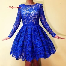 Королевское Синее Короткое платье для выпускного вечера для женщин, плюс размер, 8 класс, полу длинный рукав, кружево, официальное коктейльное выпускное платье