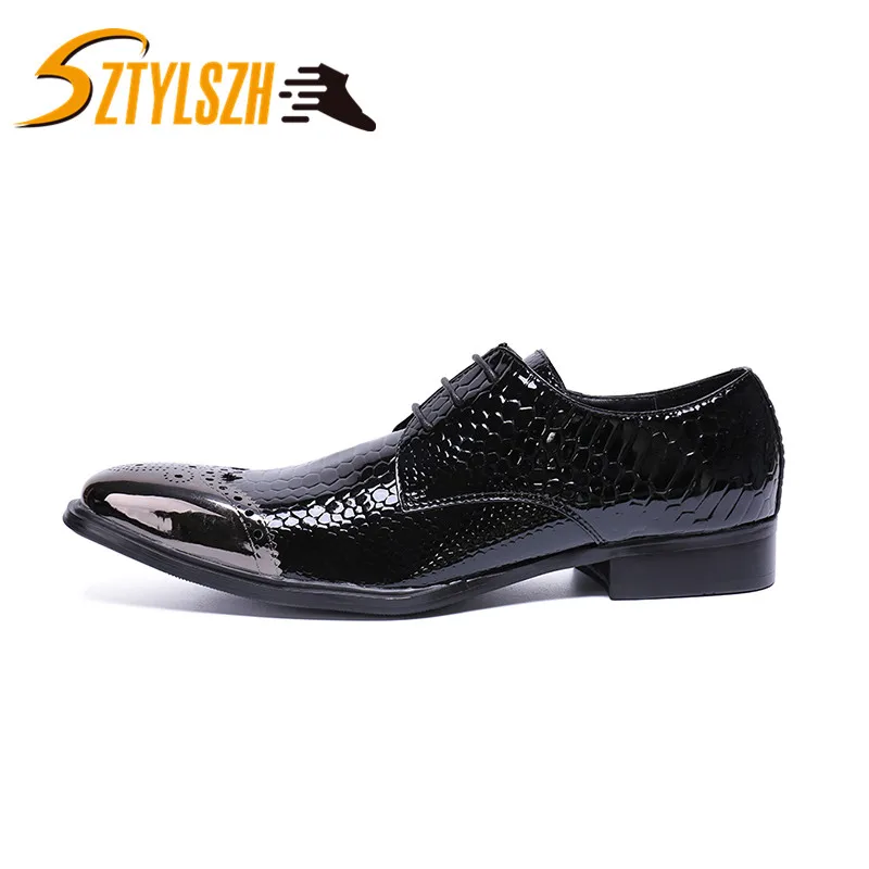 Men Formal Shoes Genuine Leather Luxury Brand Pointed Toe Dress Footwear Male Office Italian Brogue Oxford Shoes Glossy Men shoe