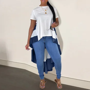 

Casual Women Ruffle Long Tee T-shirt Summer 2020 African Striped Short Sleeve Lady Daily Tops Round Neck Basic Style